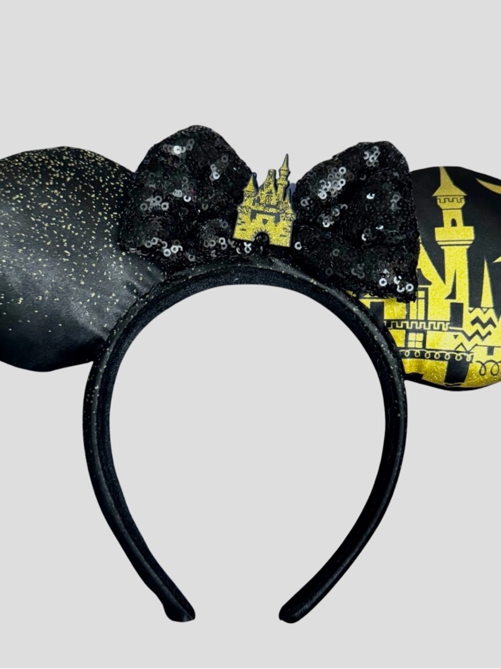 Disney Parks Disneyland Black & Gold Sleeping Beauty Castle Ears Headband Sequin